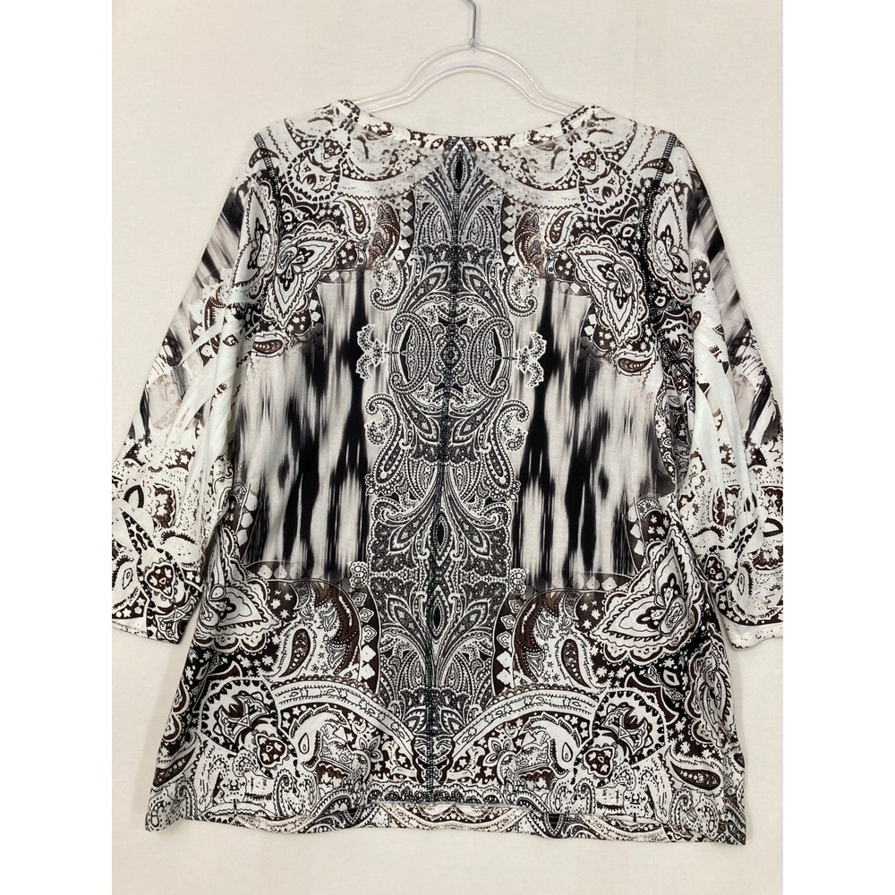 World Unity Top XL Brown White Paisley Ikat V-Neck Rhinestone 3/4 Sleeve Boho - Picture 6 of 8